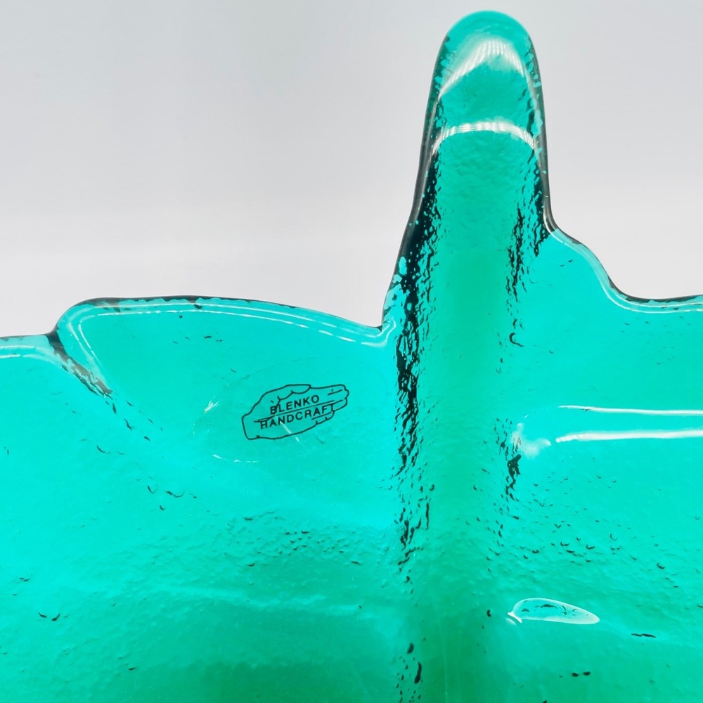 Blenko Art Glass Leaf Bowl Teal Green Textured Mid Century Modern 13" x 11" - Picture 3 of 6
